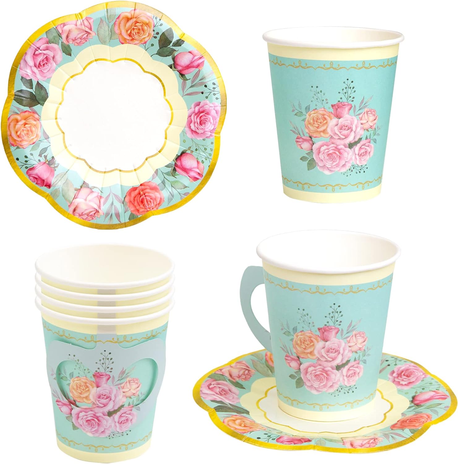Tea Party Decorations, Paper Cups and Saucers, Disposable Cups - 24 Sets