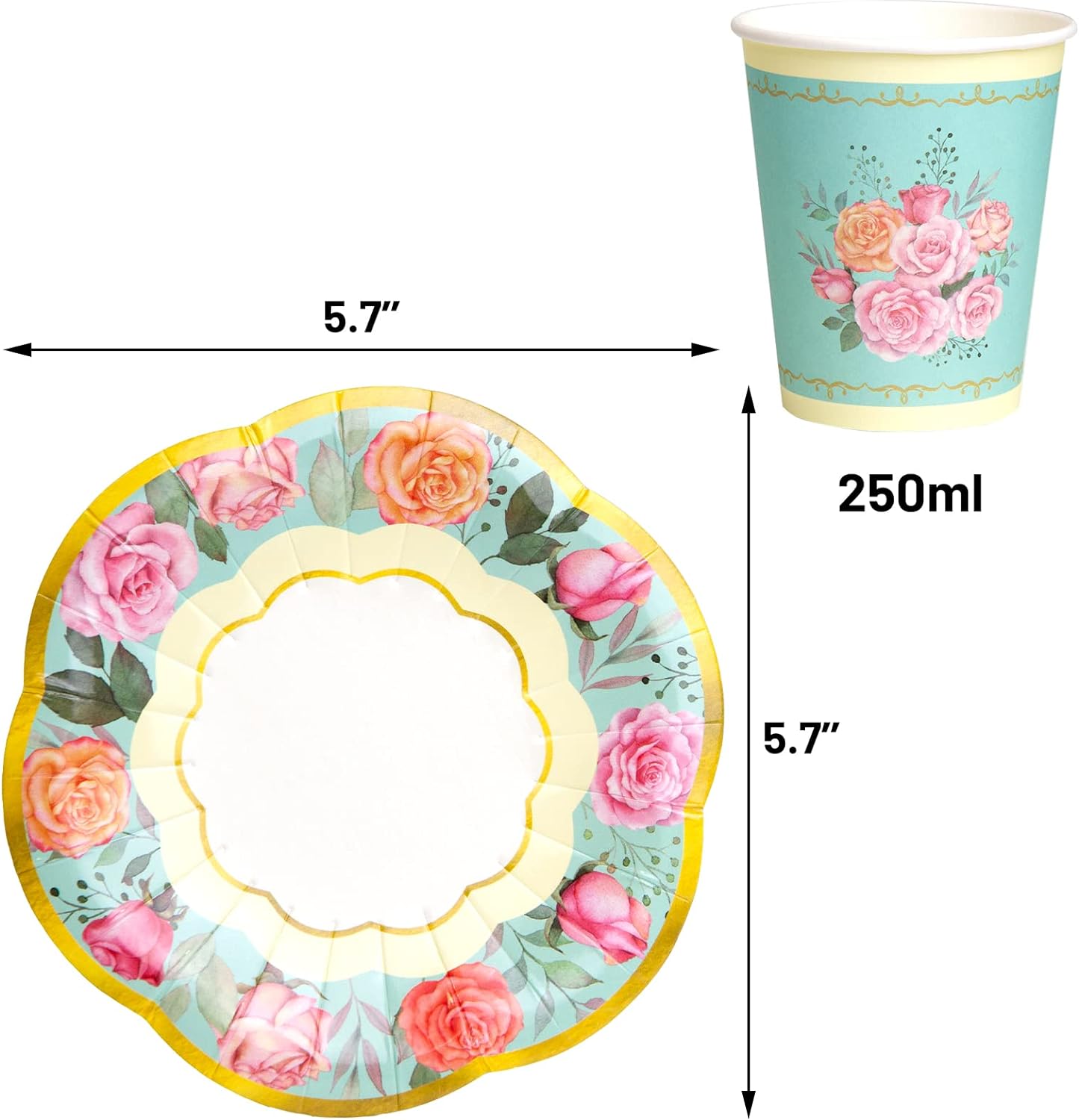 Tea Party Decorations, Paper Cups and Saucers, Disposable Cups - 24 Sets