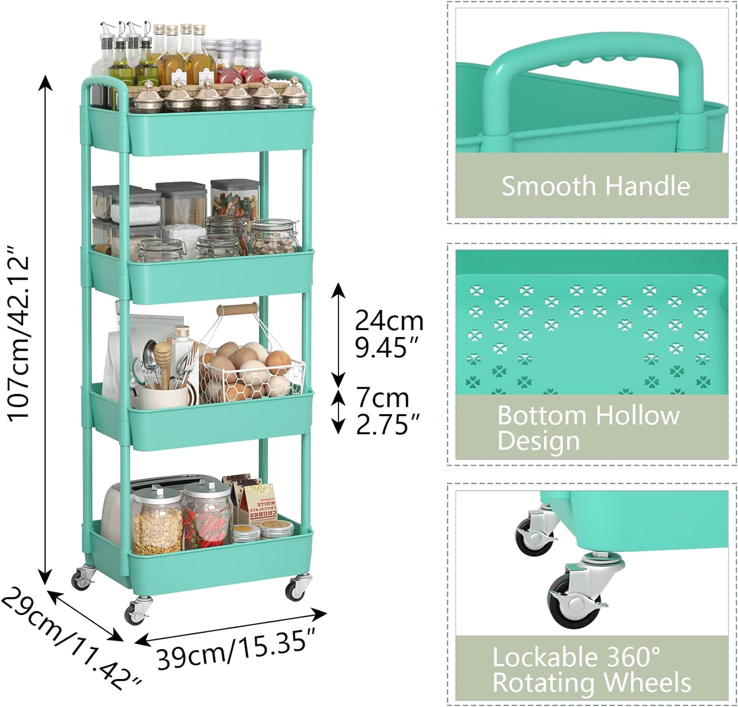 Plastic Rolling Utility Cart, Storage Trolley, Movable Storage Organizer, Storage Cart -3 Tier