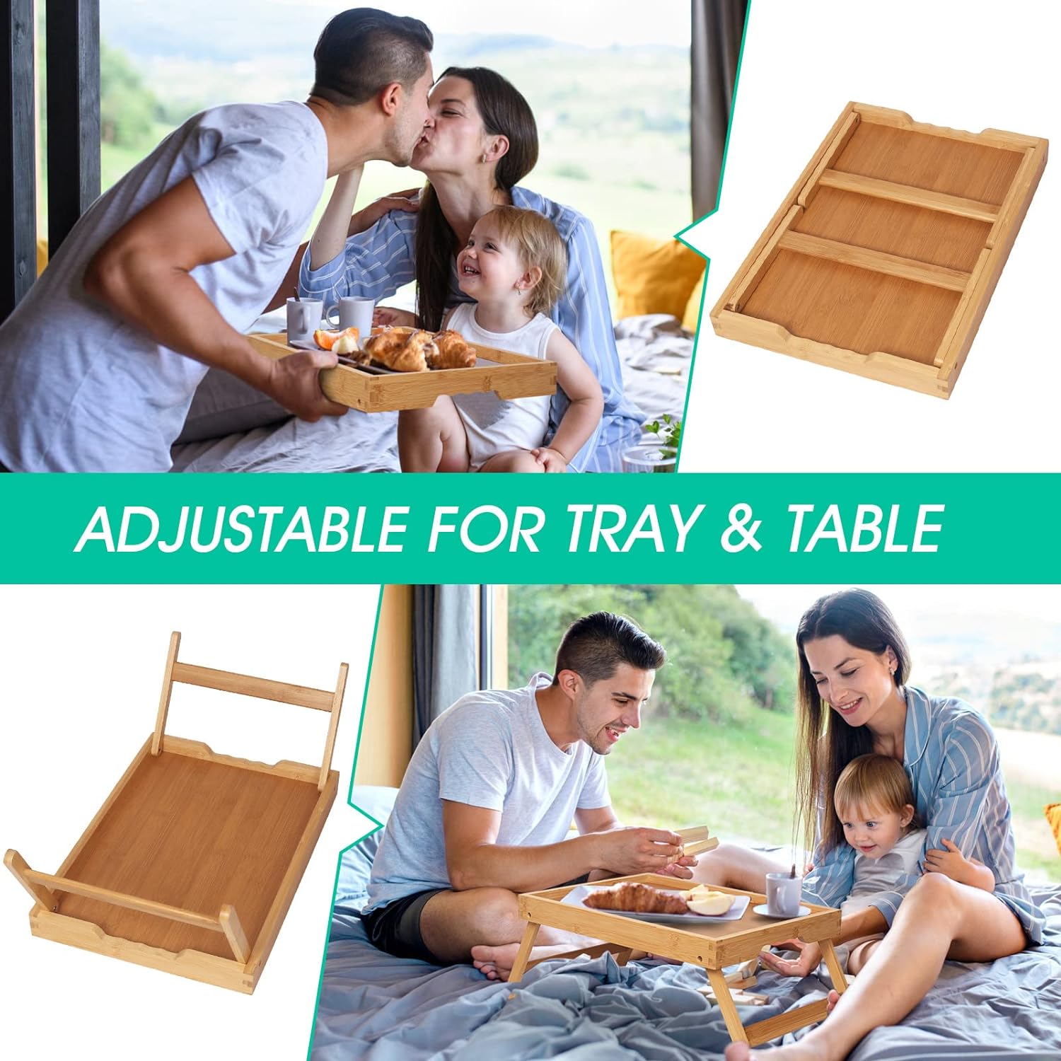 Bed Tray, Table with Folding Legs, Bamboo Breakfast in Bed for TV Table, Laptop Computer Tray -Bamboo
