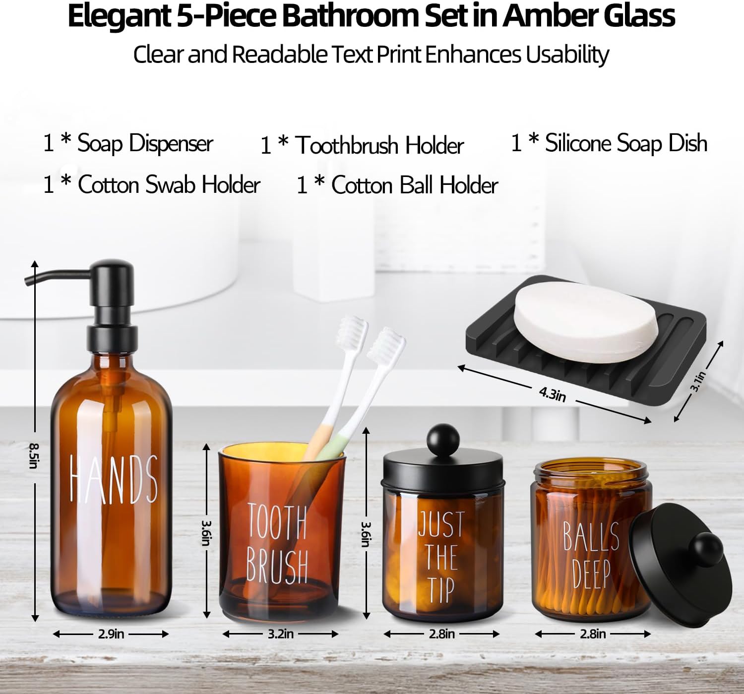 Bathroom Accessories Set, Glass Soap Dispenser, Soap and Toothbrush Holder, Qtip and Cotton Ball Holder -5 Pcs