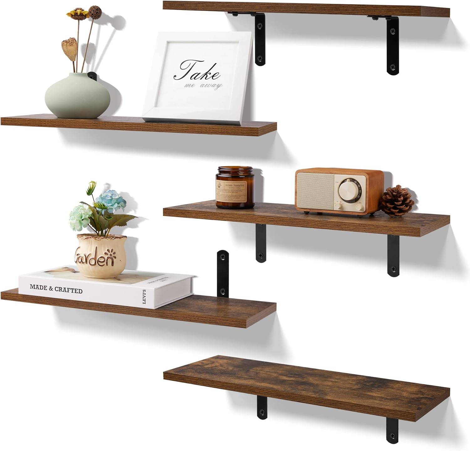 Floating Shelves for Wall Decor Storage, Dark Brown Wall Mounted Shelves, Sturdy Small Wood Shelves Hanging for Bedroom, Living Room, Bathroom, Kitchen, Corner, Book Shelves, Storage Shelves -Set of 5