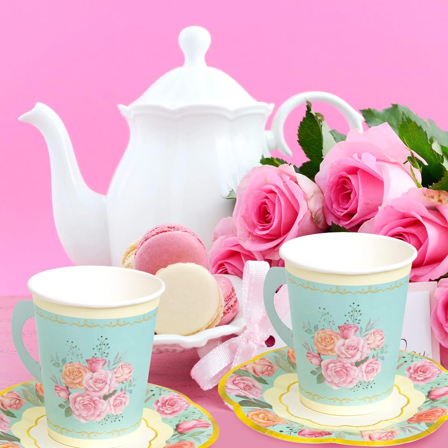 Tea Party Decorations, Paper Cups and Saucers, Disposable Cups - 24 Sets