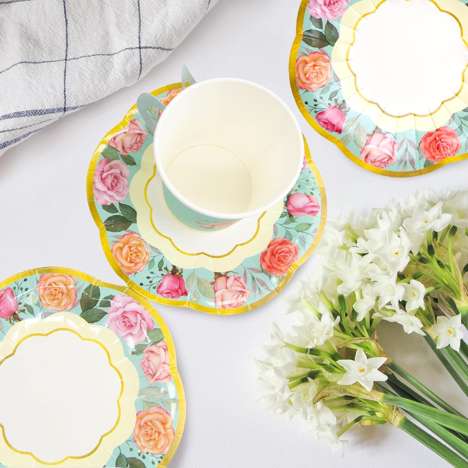 Tea Party Decorations, Paper Cups and Saucers, Disposable Cups - 24 Sets