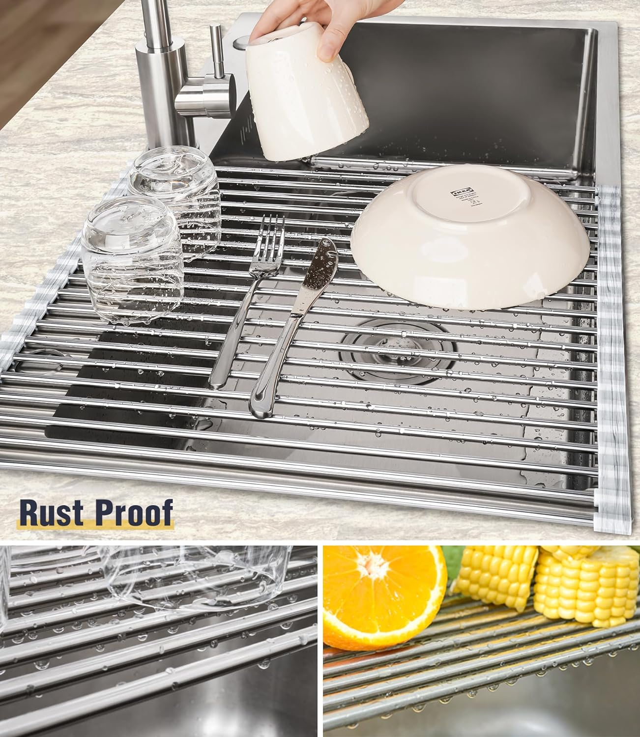 Roll-Up Dish Drying Rack, Silicone Edges, Foldable Kitchen Rack, Heat Resistant, Food Safe for Dishes, Cookware -Supports up to 70 lbs