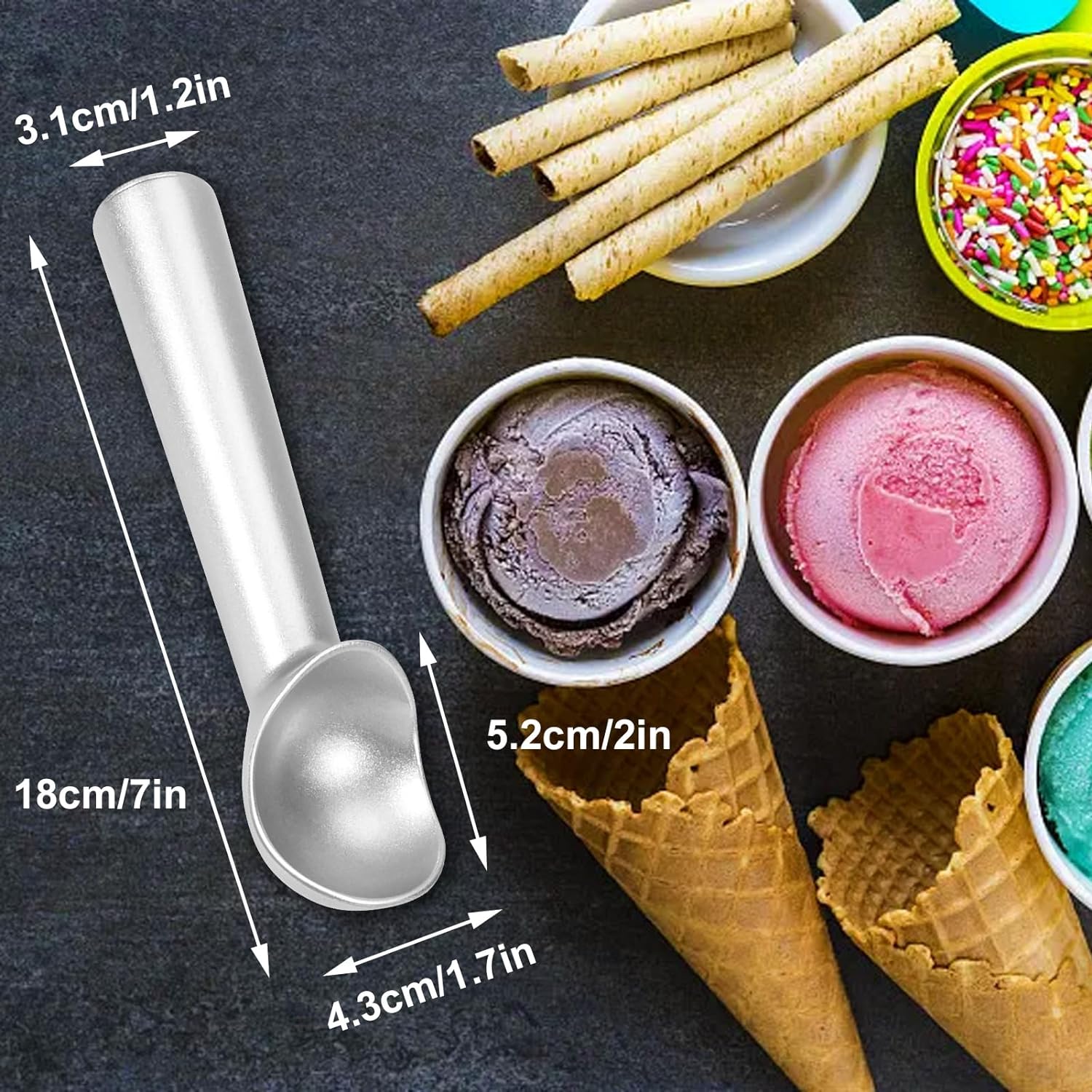 Ice Cream Scoop, Nonstick Anti-Freeze One Piece Aluminum Scooper Spoon, Heavy Duty Ice Cream Scooper, Durable Design, Easy Clean, Cookie Dough -7 inches