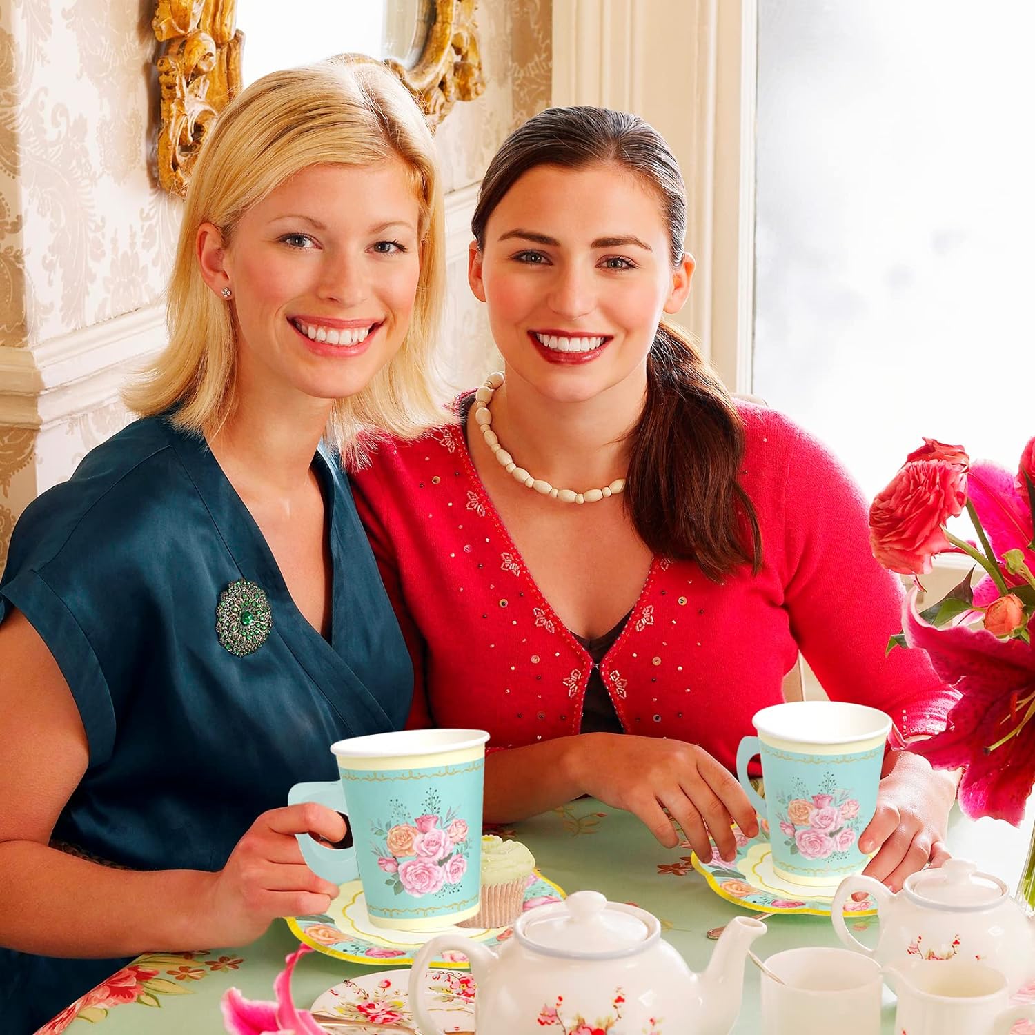 Tea Party Decorations, Paper Cups and Saucers, Disposable Cups - 24 Sets