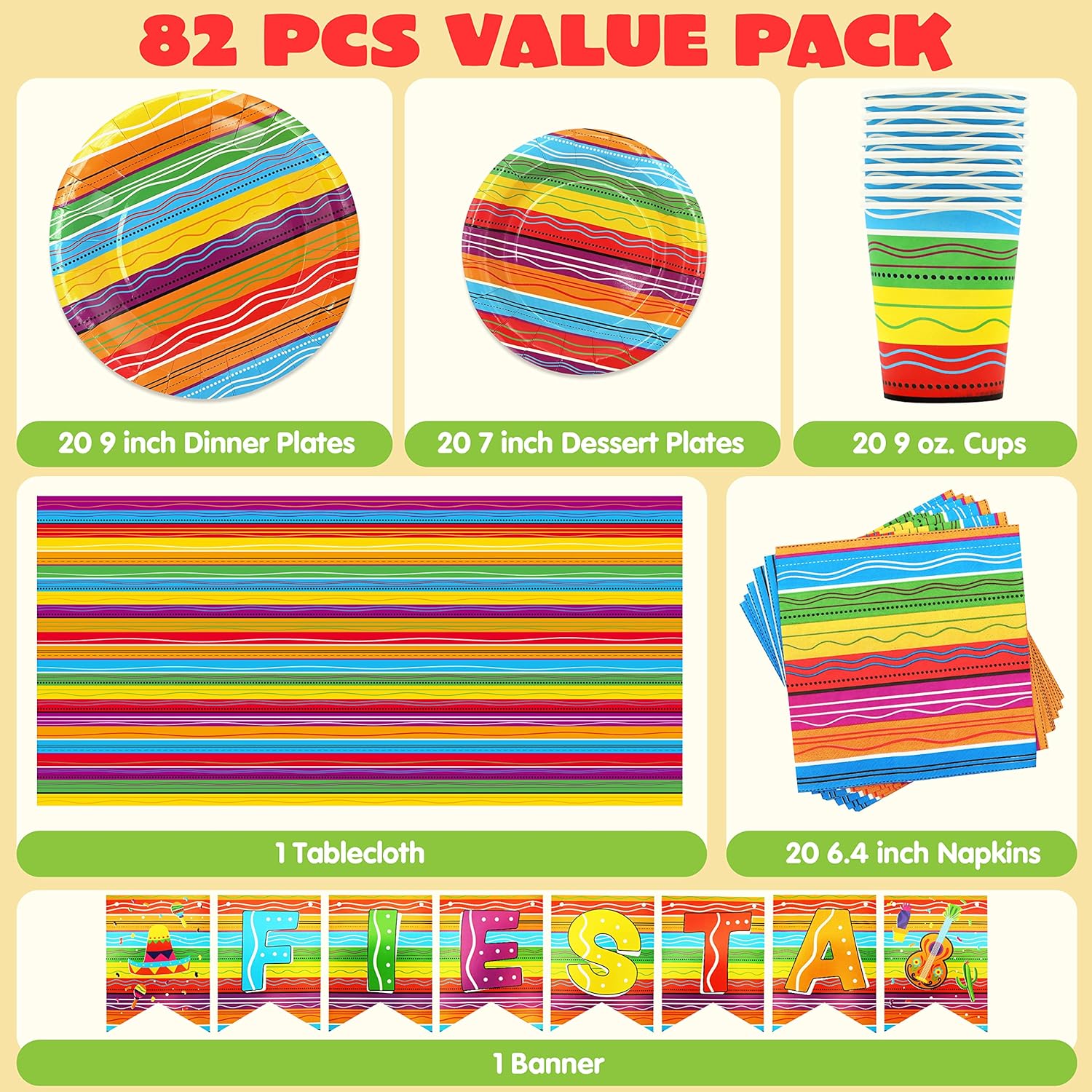 Fiesta Tableware Set, Party Supplies Packs for Cinco De Mayo, Party Decoration Supplies, Table Decorations -82PCS