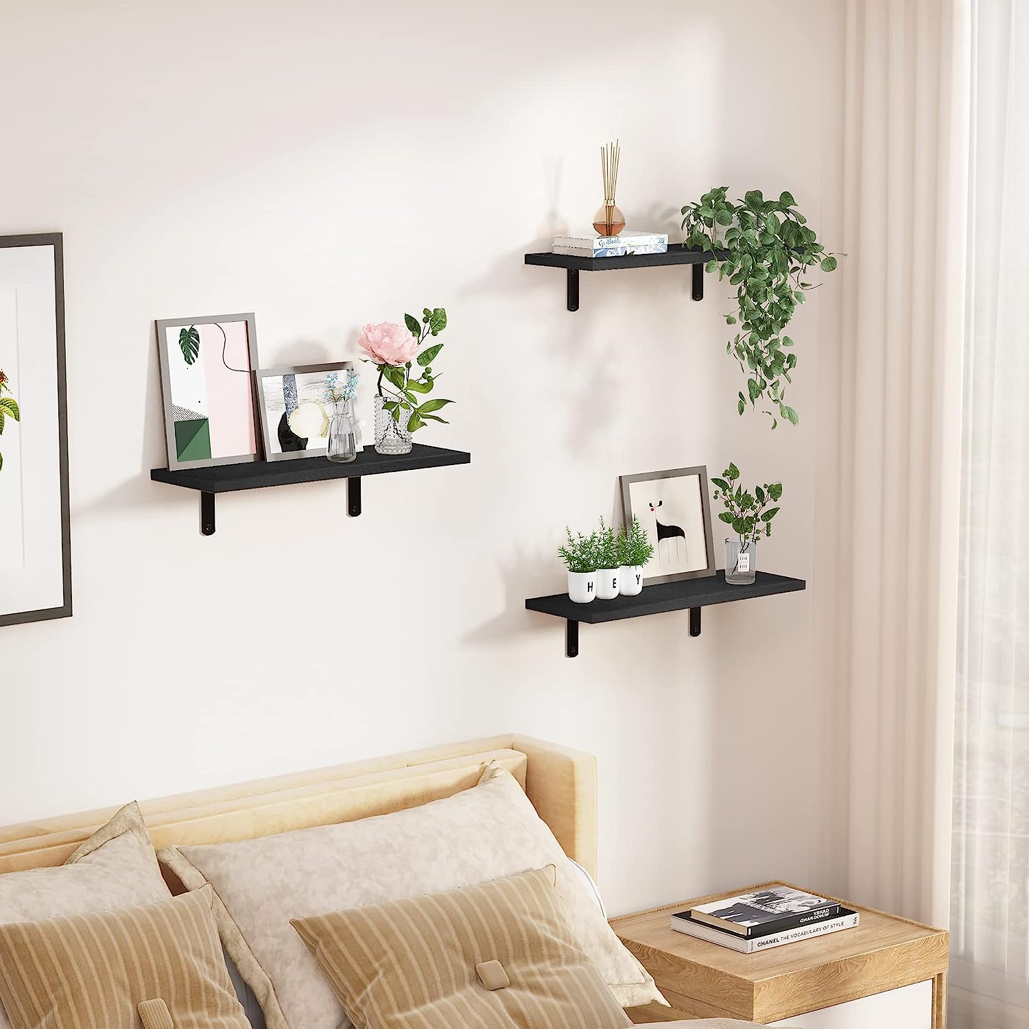 Floating Shelves for Wall Decor Storage, Dark Brown Wall Mounted Shelves, Sturdy Small Wood Shelves Hanging for Bedroom, Living Room, Bathroom, Kitchen, Corner, Book Shelves, Storage Shelves -Set of 5