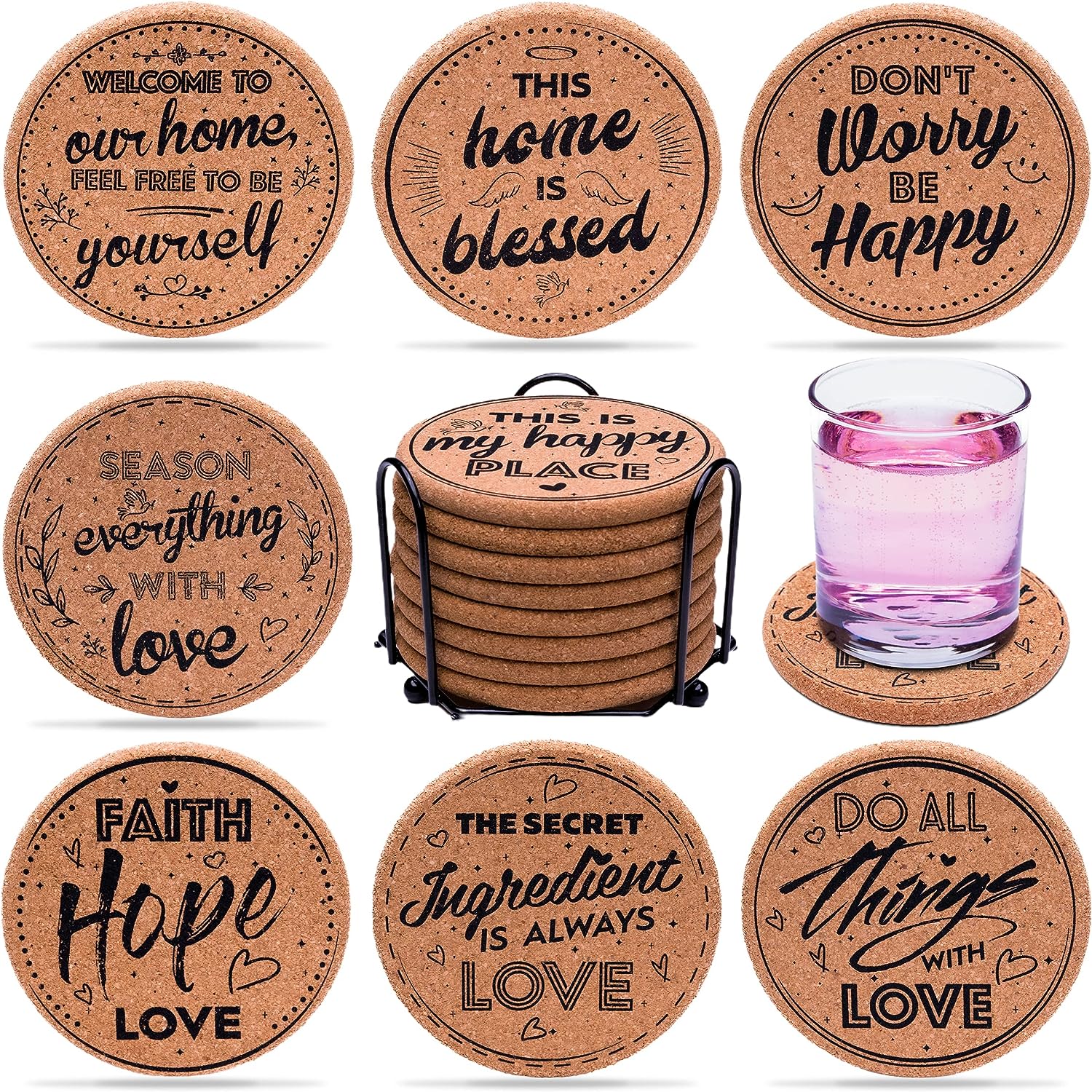 Cork Coasters for Drinks Absorbent with Holder, Cup Coasters, Large Round Outdoor Cup Coasters, Wooden Table Protection, Coffee, Cups and Mugs Cool Drink Coaster -Set of 8