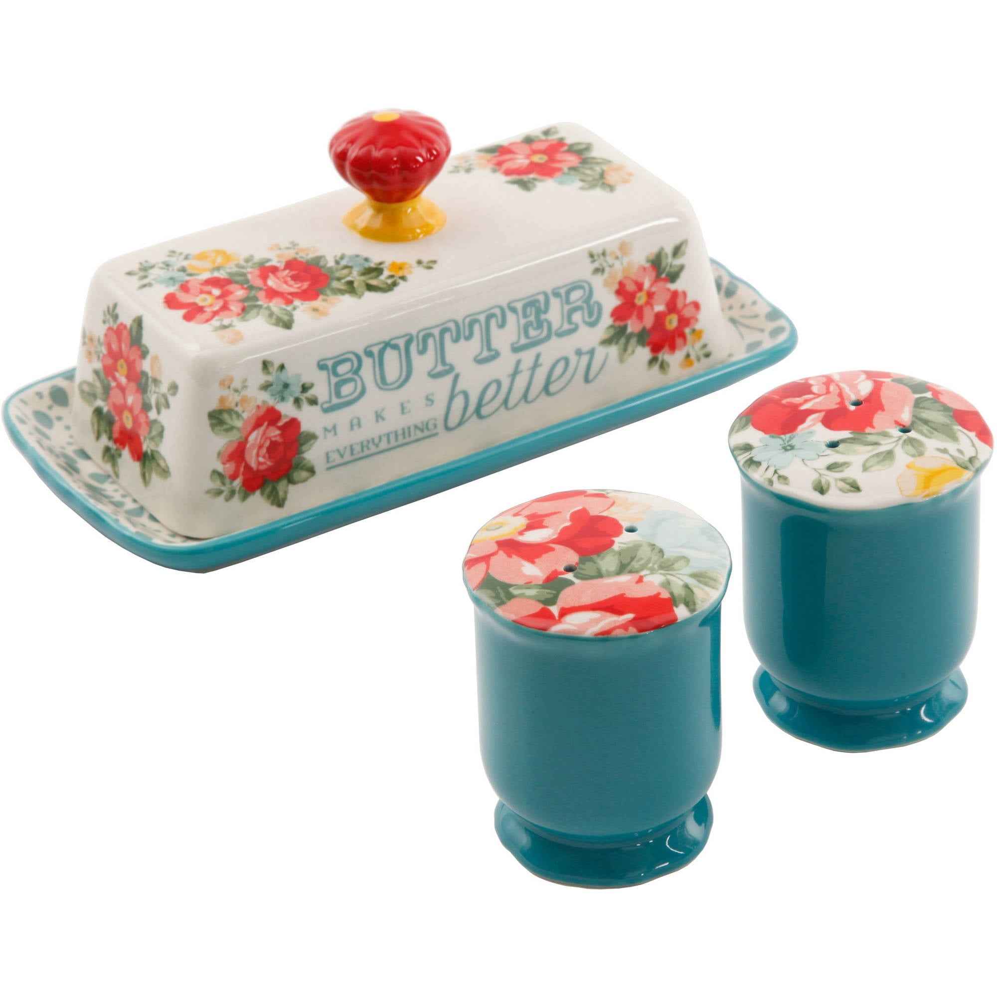Floral Salt and Pepper and Butter Dish Set